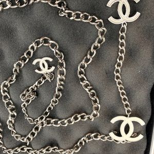 Chanel silver chain belt white CC